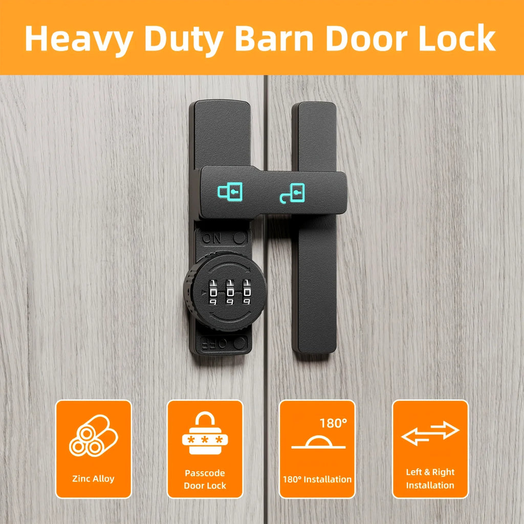 Password Door Lock and Deadbolt 180 Degree Sliding Barn Door Lock with 3-Digit Combination Lock Luminous Sign Window Lock Bolt